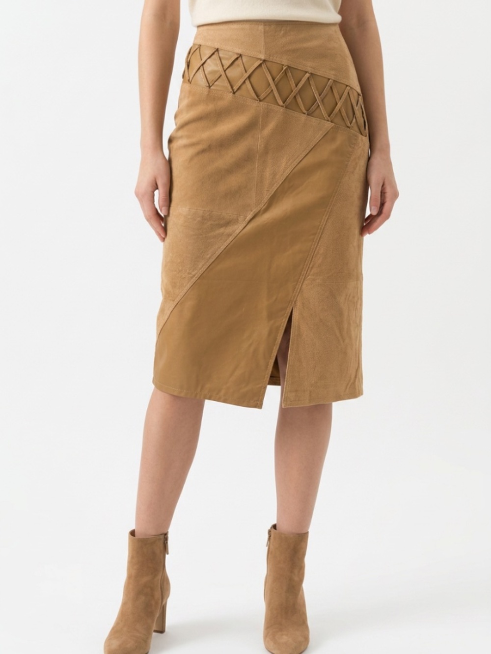 NEUTRAL ZONE • Vintage Genuine Leather Patchwork Lattice Midi Skirt S